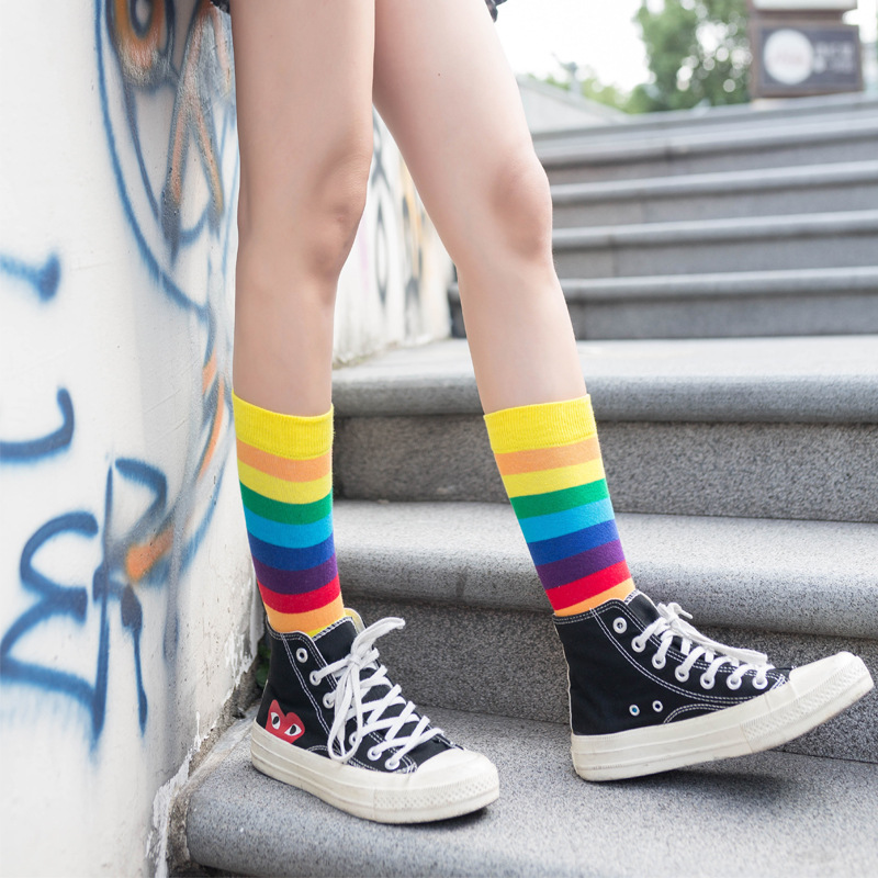 Rainbow Striped Socks Ins Cotton Socks Sports College Wind Tide Crew Socks